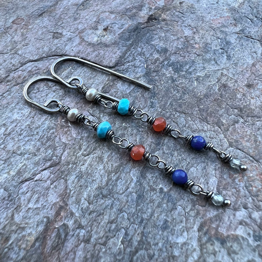 Sterling Silver Natural Stone Earrings | Pearl Turquoise Carnelian Lapis Lazuli Zircon Long Dangle Earrings