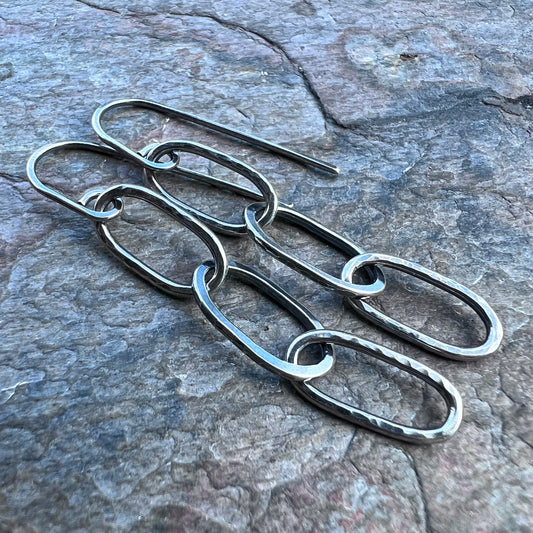 Sterling Silver Hammered Elongated Chain Earrings