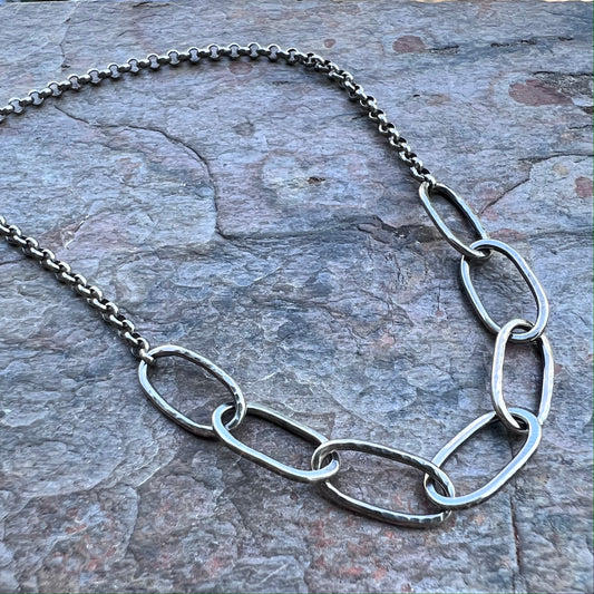 Sterling Silver Hammered Link Necklace - Handmade Sterling Silver Links on Sterling Silver Rolo Chain