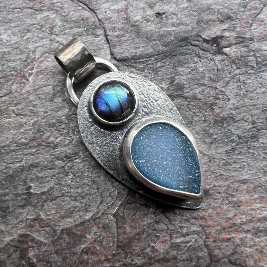 Labradorite and Agate Druzy Sterling Silver Pendant - One-of-a-Kind Handmade Pendant