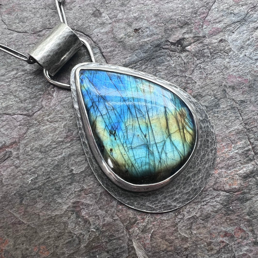 Labradorite Sterling Silver Necklace - Handmade One-of-a-kind Labradorite Teardrop Pendant on Handmade Chain