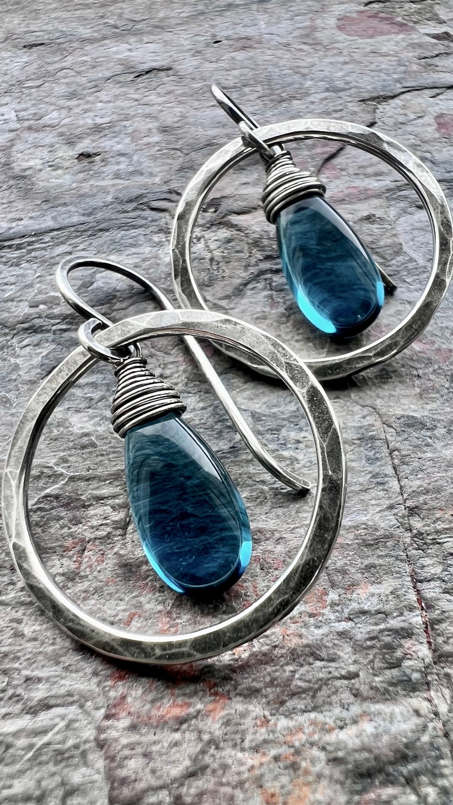 Sterling Silver and Vintage Glass Earrings - Teal Teardrops in Hammered Sterling Silver Circles