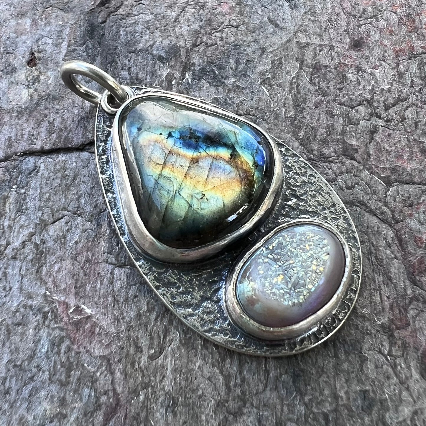 Labradorite and Agate Druzy Sterling Silver Pendant - One-of-a-Kind Handmade Pendant