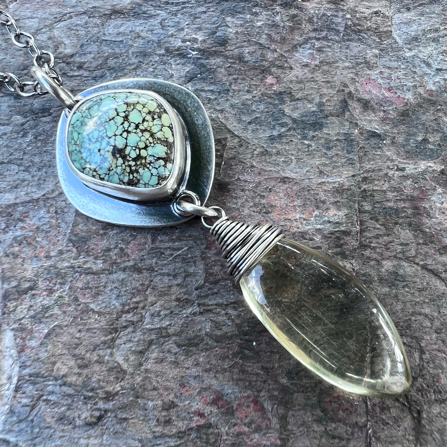 Sterling Silver Variscite and Citrine Necklace - One-of-a-Kind Pendant on Sterling Silver Chain