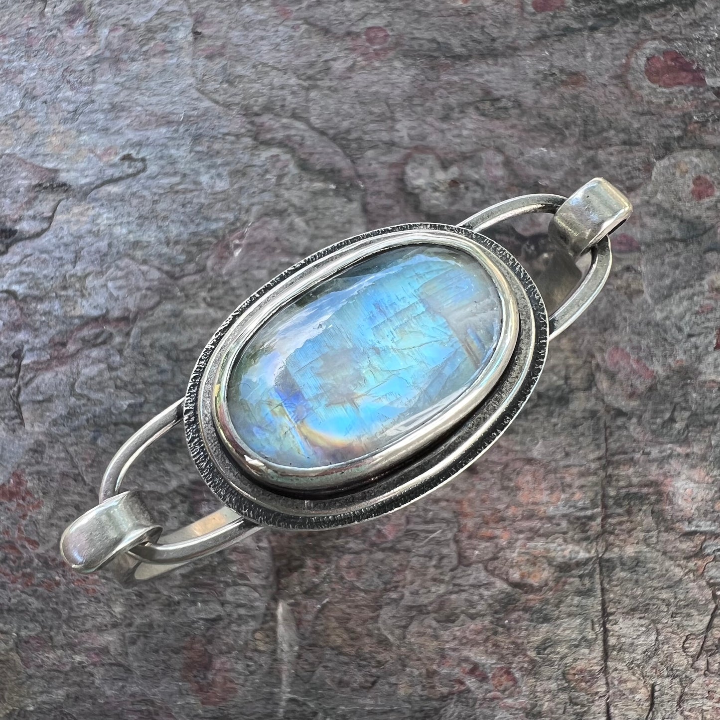 Rainbow Moonstone Sterling Silver Bracelet - Handmade One-of-a-kind Tension Cuff Bracelet