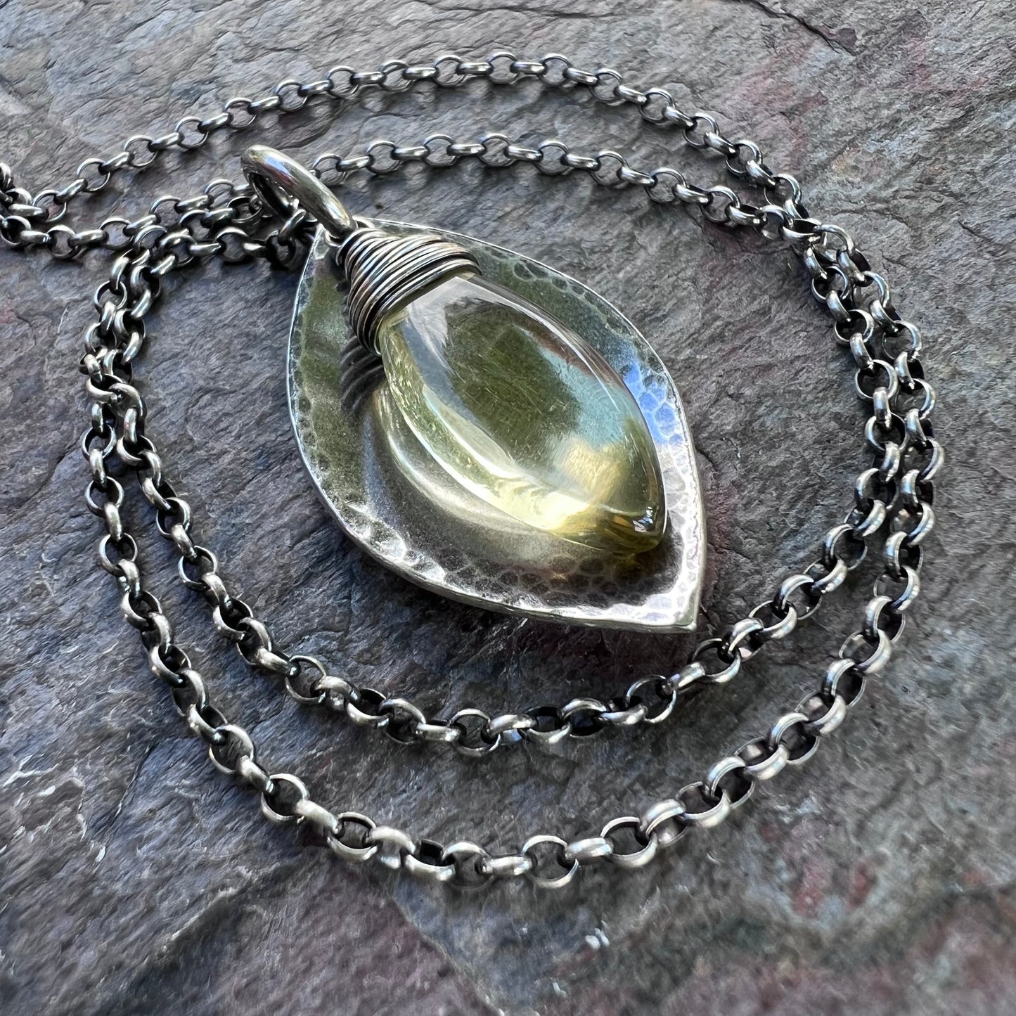 Lemon Quartz and Sterling Silver Necklace - Lemon Quartz and Sterling Silver Marquise Pendant on Sterling Silver Chain