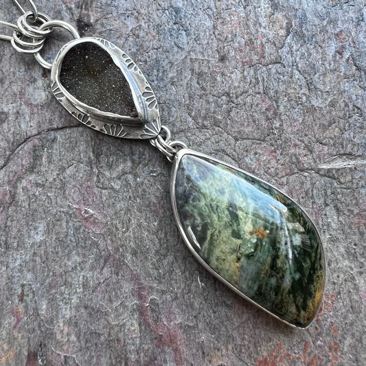 SOLD Sterling Silver Serpentine and Druzy Necklace - Handmade One-of-a-kind Pendant on Elongated Sterling Silver Chain