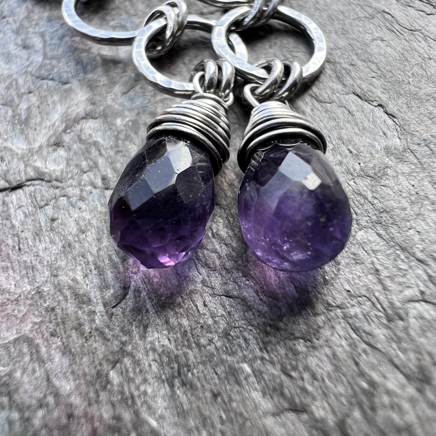 Sterling Silver Amethyst Earrings - Genuine Amethyst and Hammered Silver Long Dangle Earrings