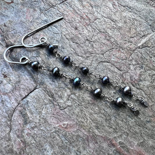 Sterling Silver and Black Pearl Earrings - Genuine Pearls Wrapped in Sterling Silver Wire