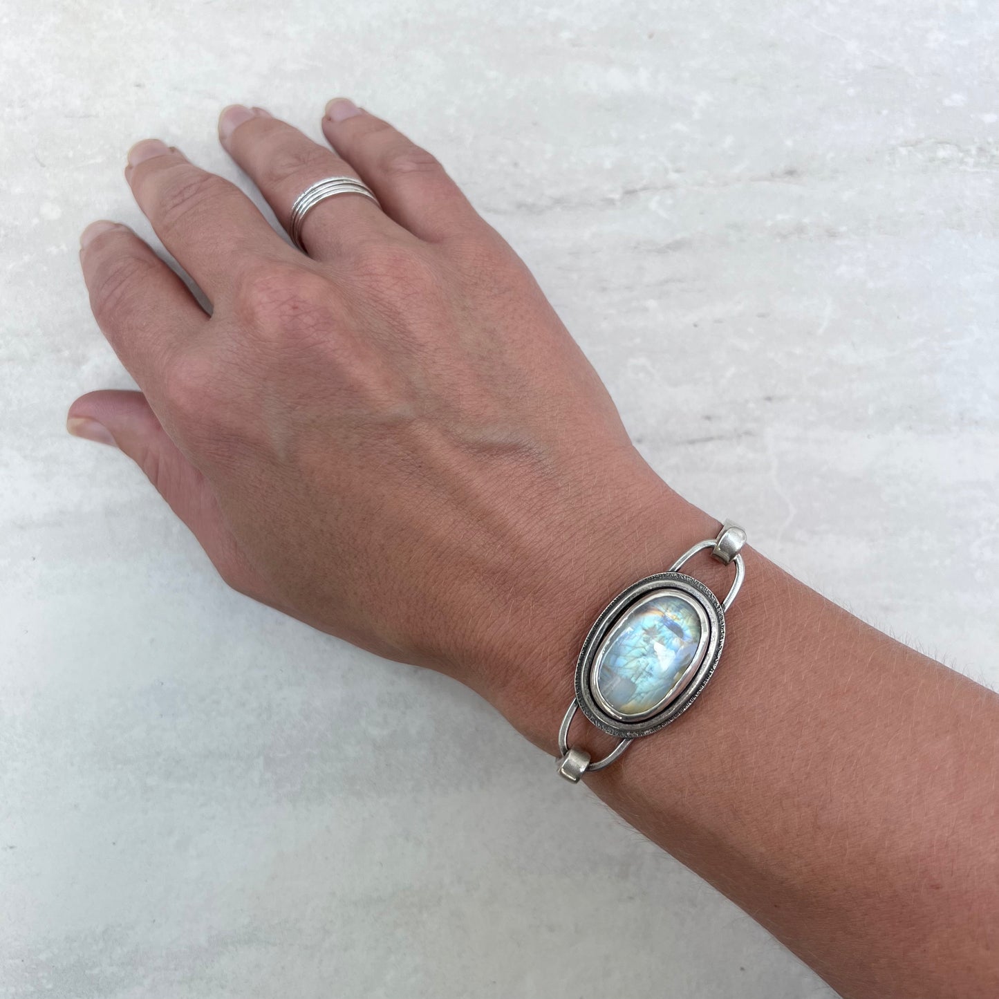 Rainbow Moonstone Sterling Silver Bracelet - Handmade One-of-a-kind Tension Cuff Bracelet