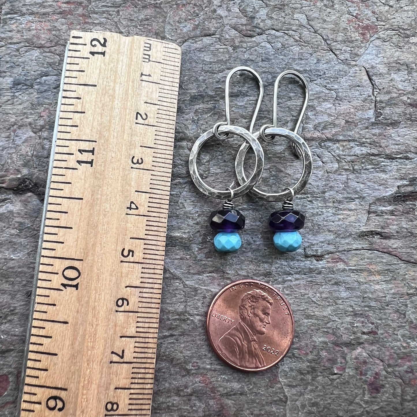 Amethyst and Turquoise Sterling Silver Earrings - Amethyst and Turquoise on Hammered Sterling Silver Rings