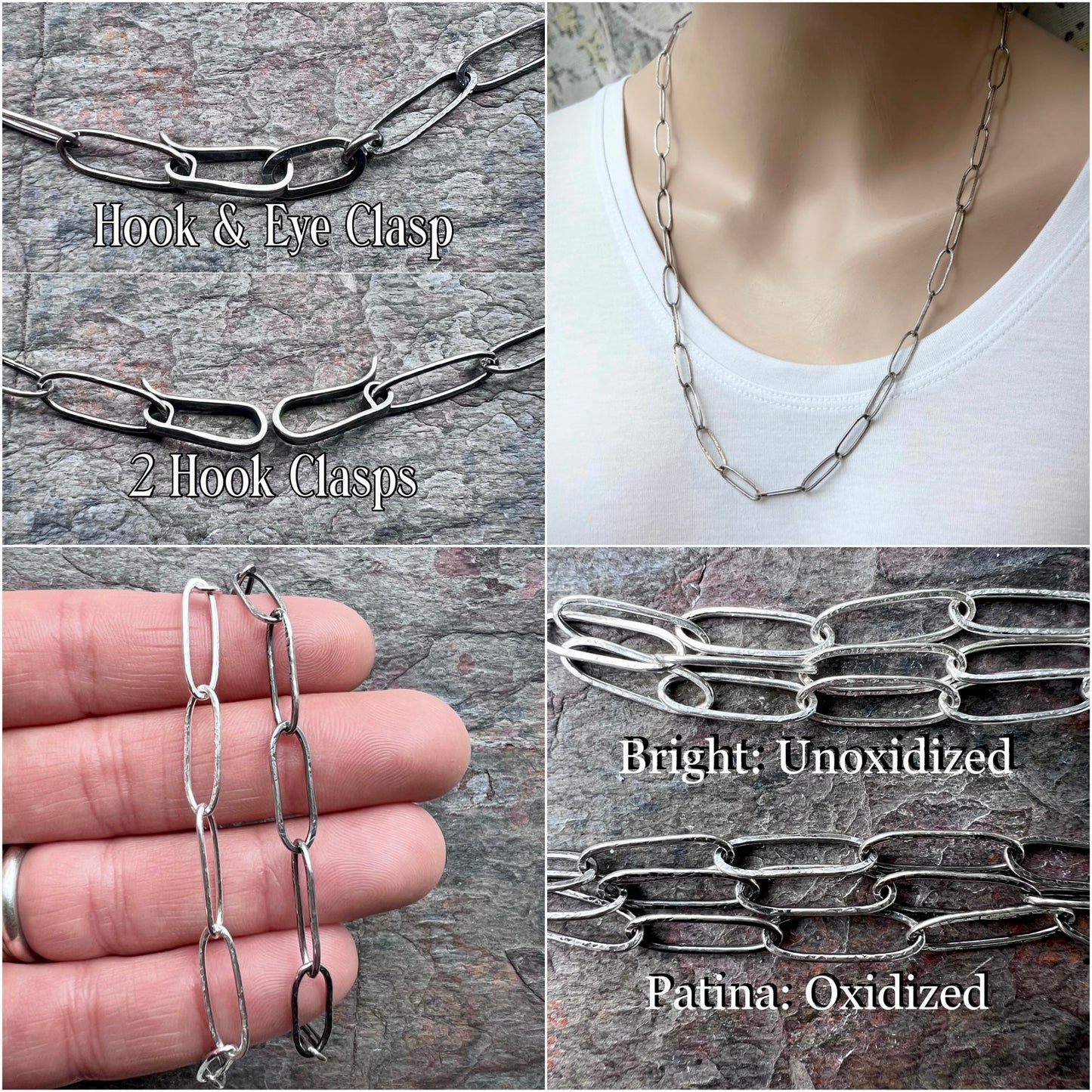 Sterling Silver Handmade Elongated Cable Chain with Handmade Hook Clasp