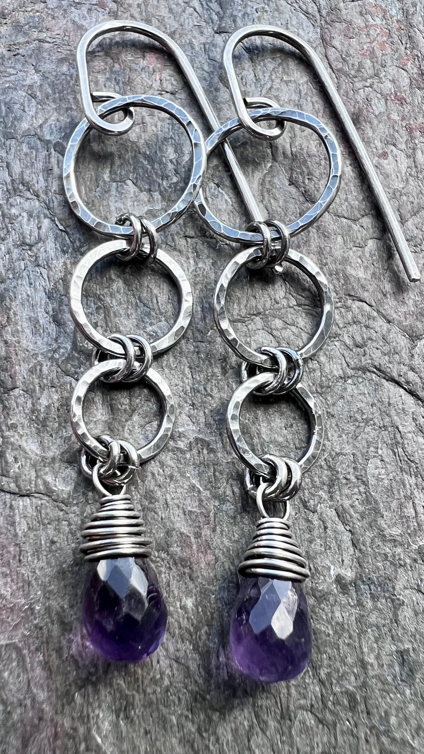 Sterling Silver Amethyst Earrings - Genuine Amethyst and Hammered Silver Long Dangle Earrings