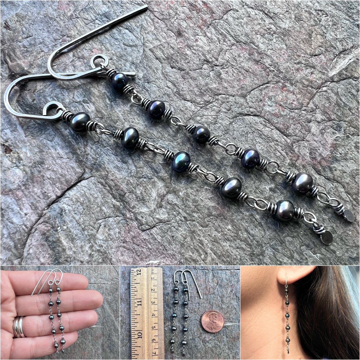 Sterling Silver and Black Pearl Earrings - Genuine Pearls Wrapped in Sterling Silver Wire
