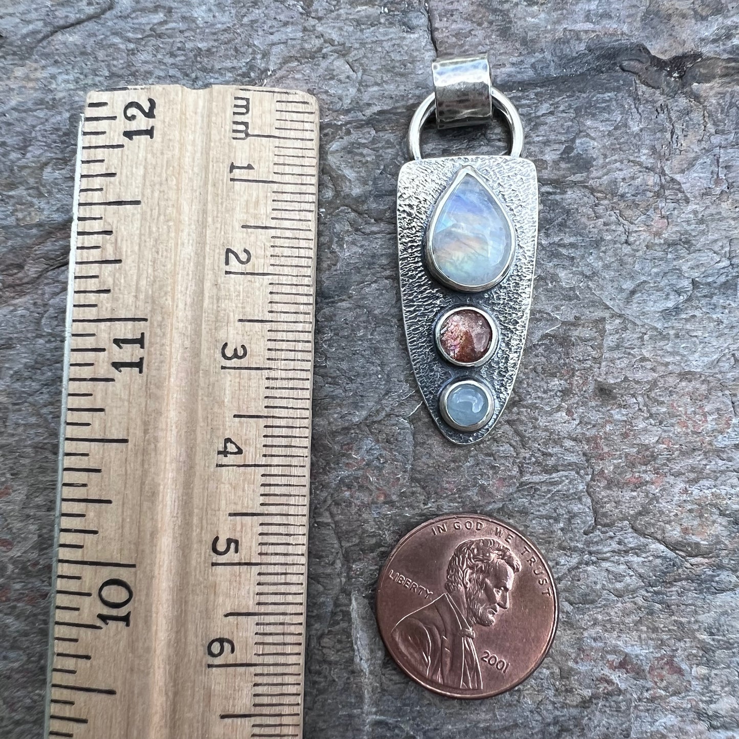 Rainbow Moonstone, Sunstone, and Aquamarine Pendant - Handmade One-of-a-kind Pendant