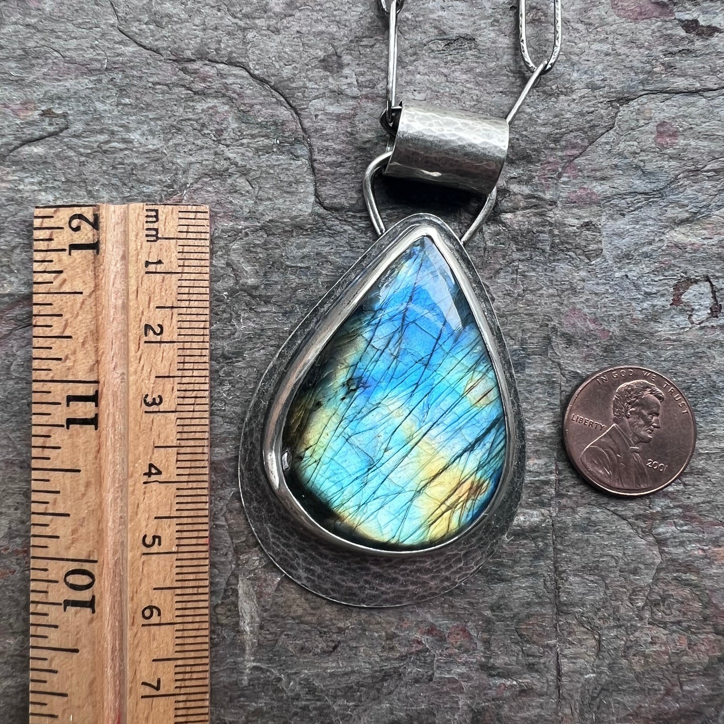 Labradorite Sterling Silver Necklace - Handmade One-of-a-kind Labradorite Teardrop Pendant on Handmade Chain