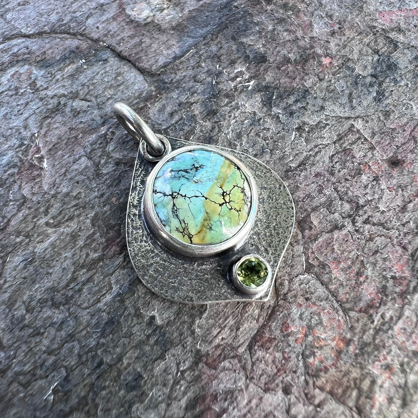 Turquoise and Peridot Sterling Silver Pendant - One-of-a-Kind Handmade Pendant