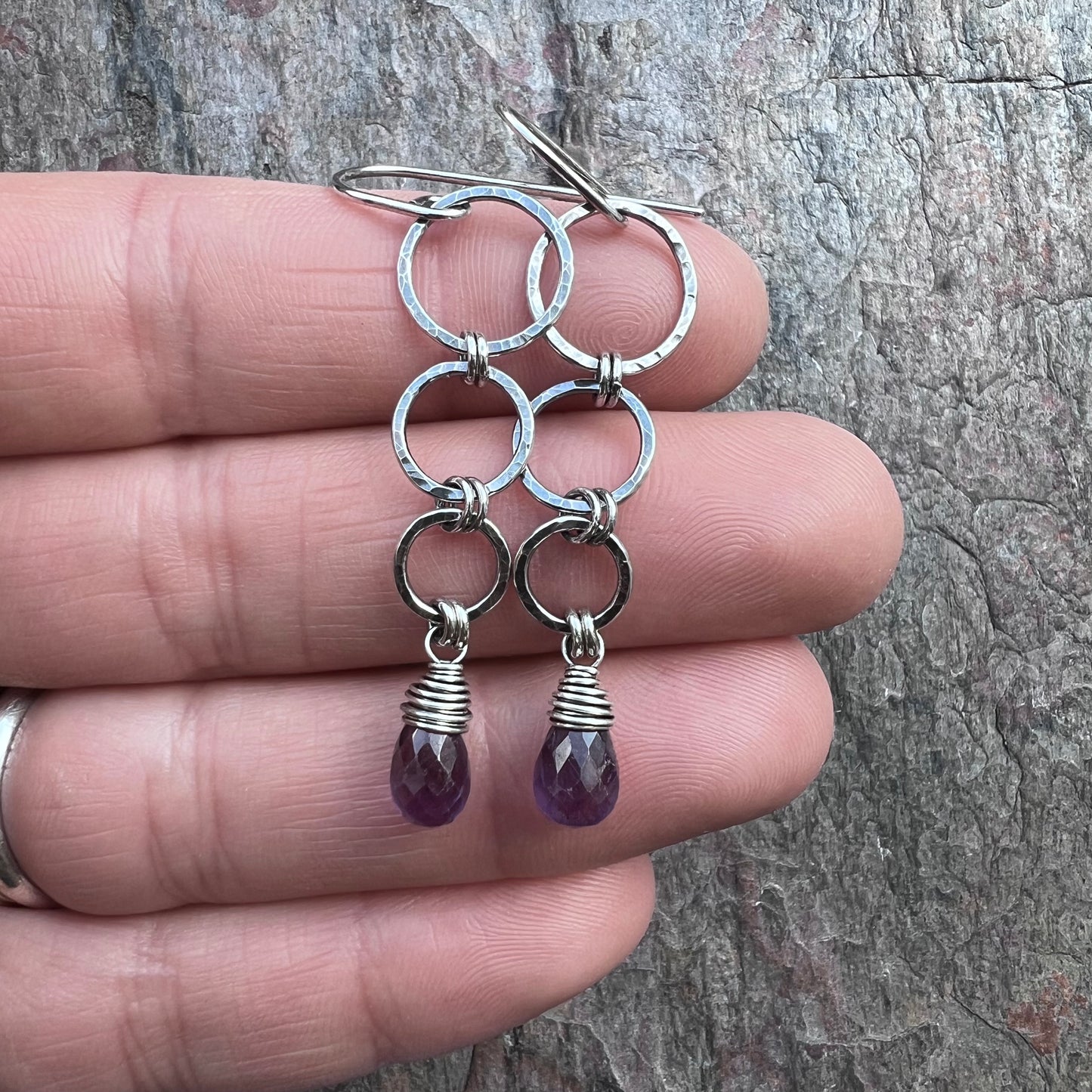 Sterling Silver Amethyst Earrings - Genuine Amethyst and Hammered Silver Long Dangle Earrings