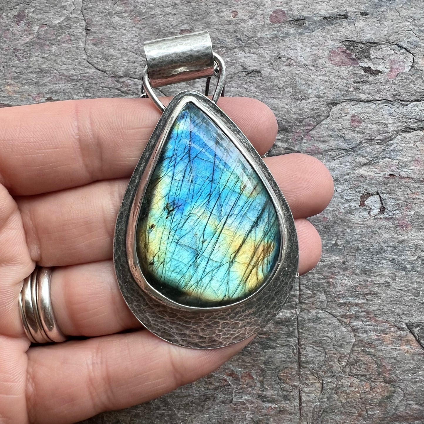 Labradorite Sterling Silver Necklace - Handmade One-of-a-kind Labradorite Teardrop Pendant on Handmade Chain