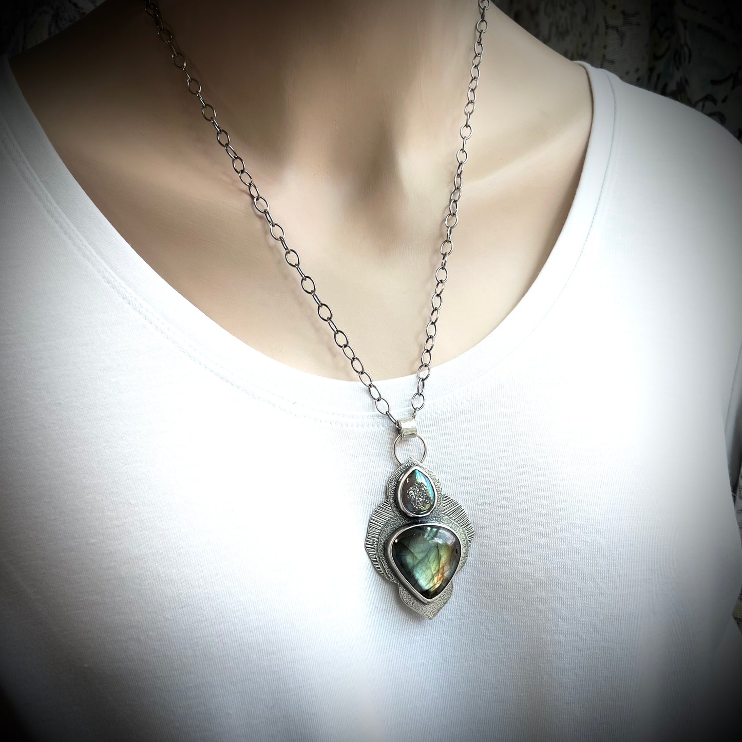 Sterling Silver Labradorite Necklace - Handmade Artisan One of a Kind Druzy and Labradorite Pendant