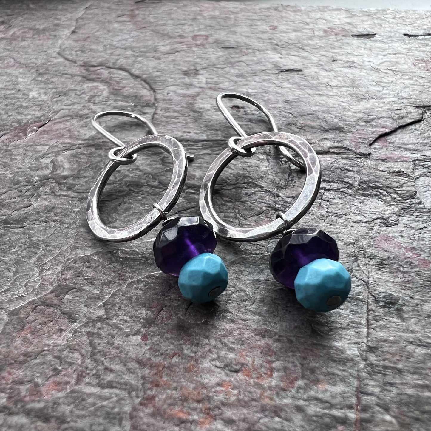 Amethyst and Turquoise Sterling Silver Earrings - Amethyst and Turquoise on Hammered Sterling Silver Rings