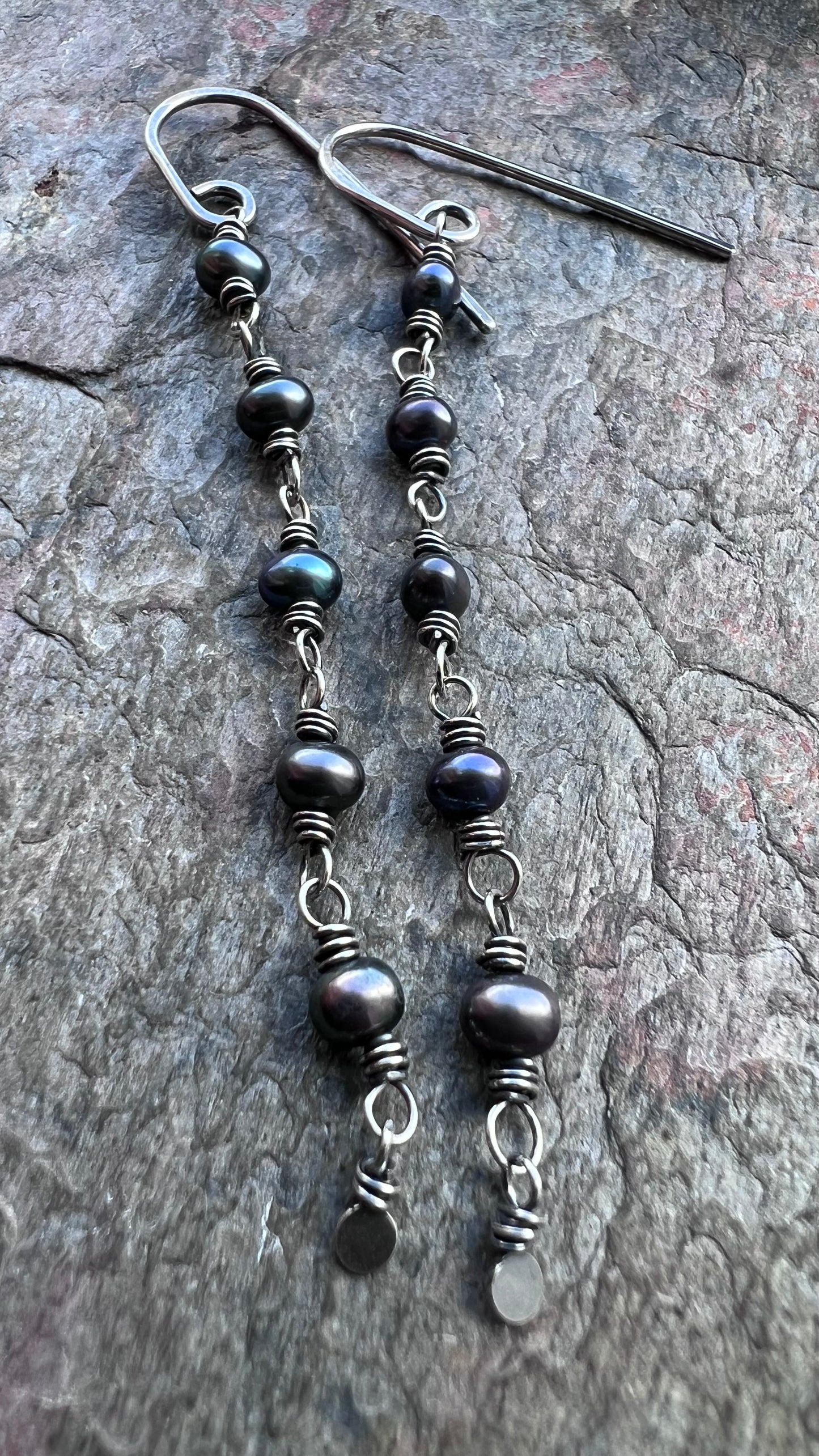Sterling Silver and Black Pearl Earrings - Genuine Pearls Wrapped in Sterling Silver Wire