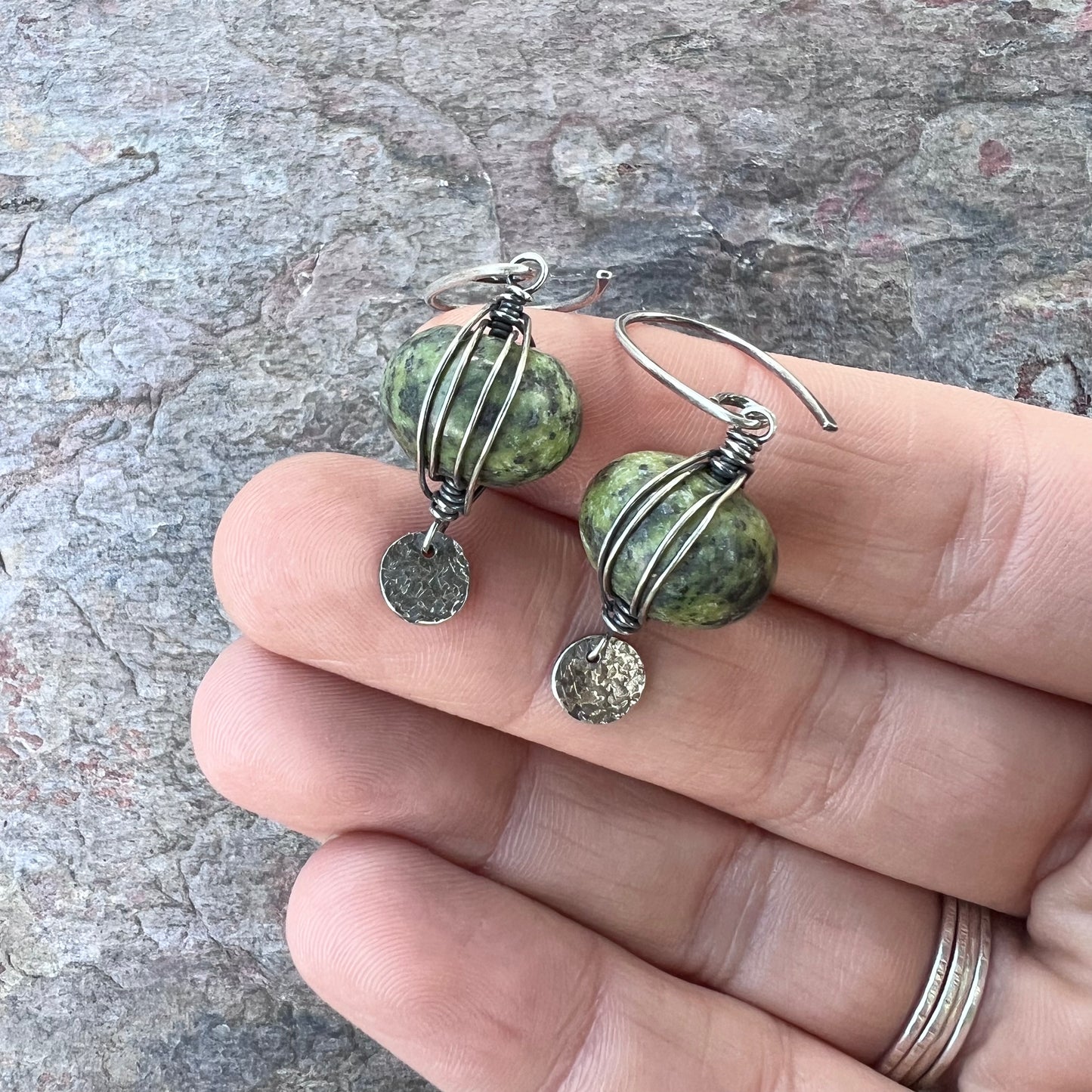 Sterling Silver Serpentine Earrings - Wire-wrapped Natural Serpentine Stones on Handmade Sterling Silver Earwires