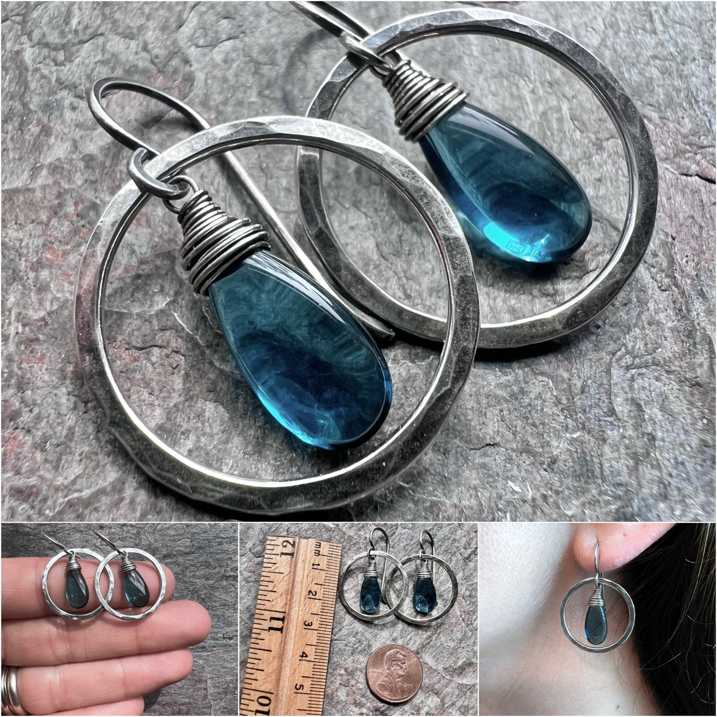 Sterling Silver and Vintage Glass Earrings - Teal Teardrops in Hammered Sterling Silver Circles