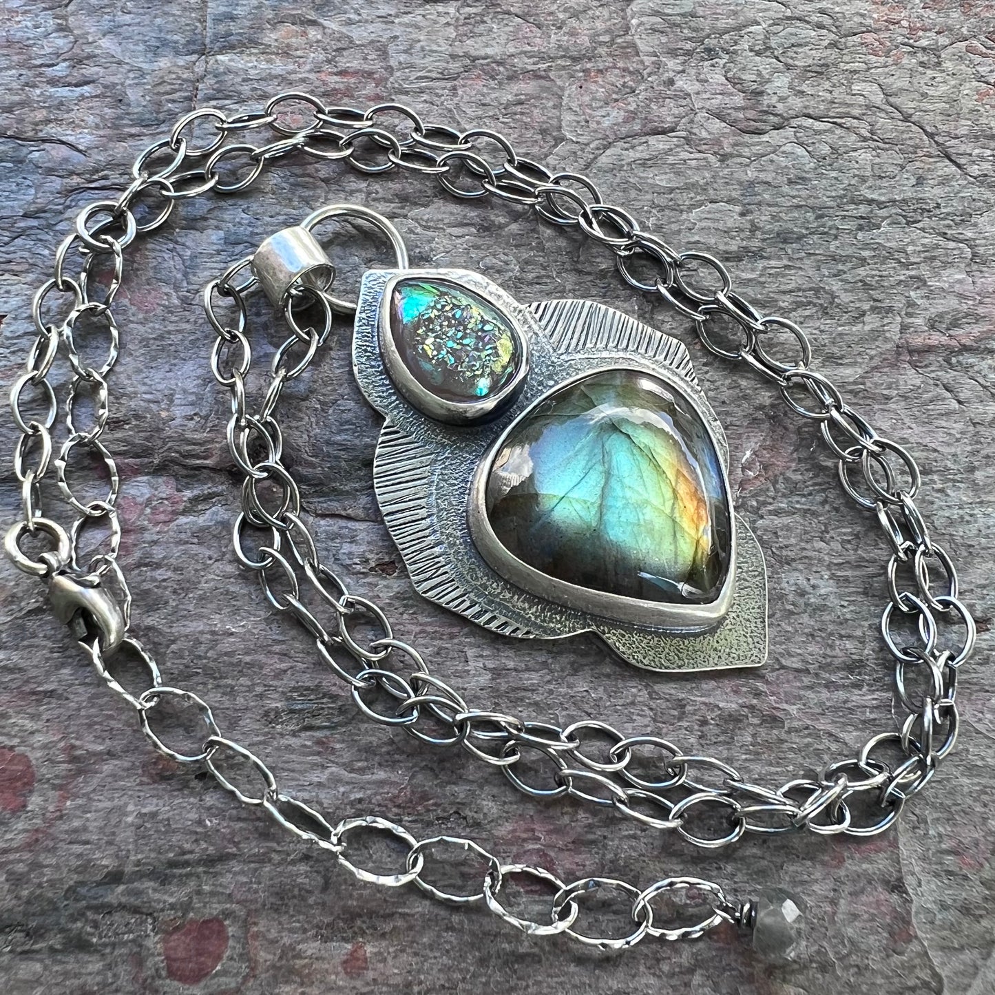 Sterling Silver Labradorite Necklace - Handmade Artisan One of a Kind Druzy and Labradorite Pendant