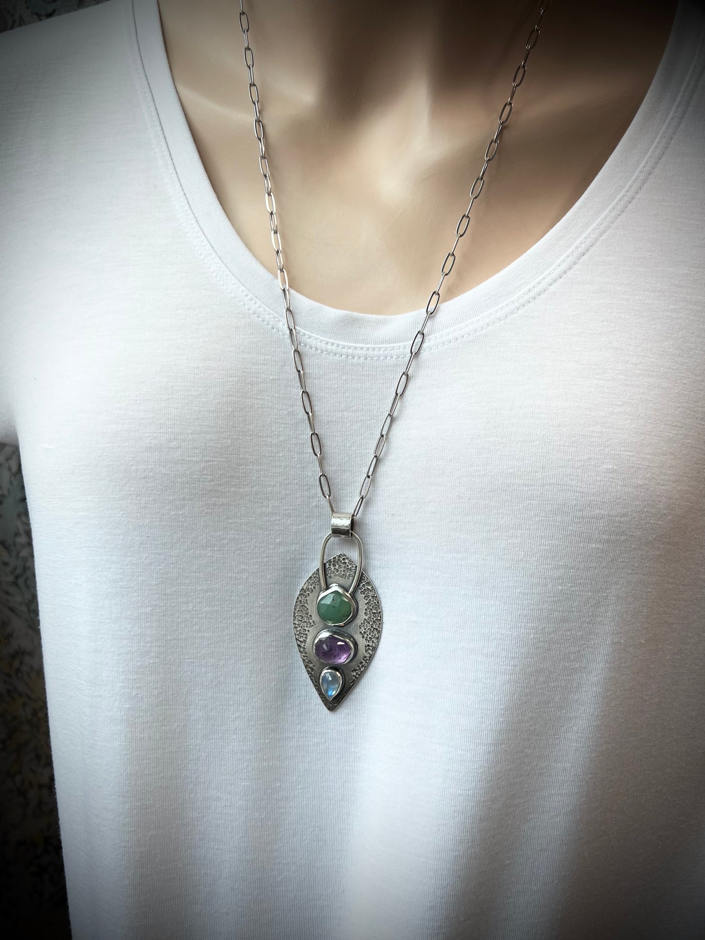Chrysoprase, Amethyst, and Rainbow Moonstone Sterling Silver Necklace - Handmade One-of-a-kind Pendant on Sterling Silver Chain