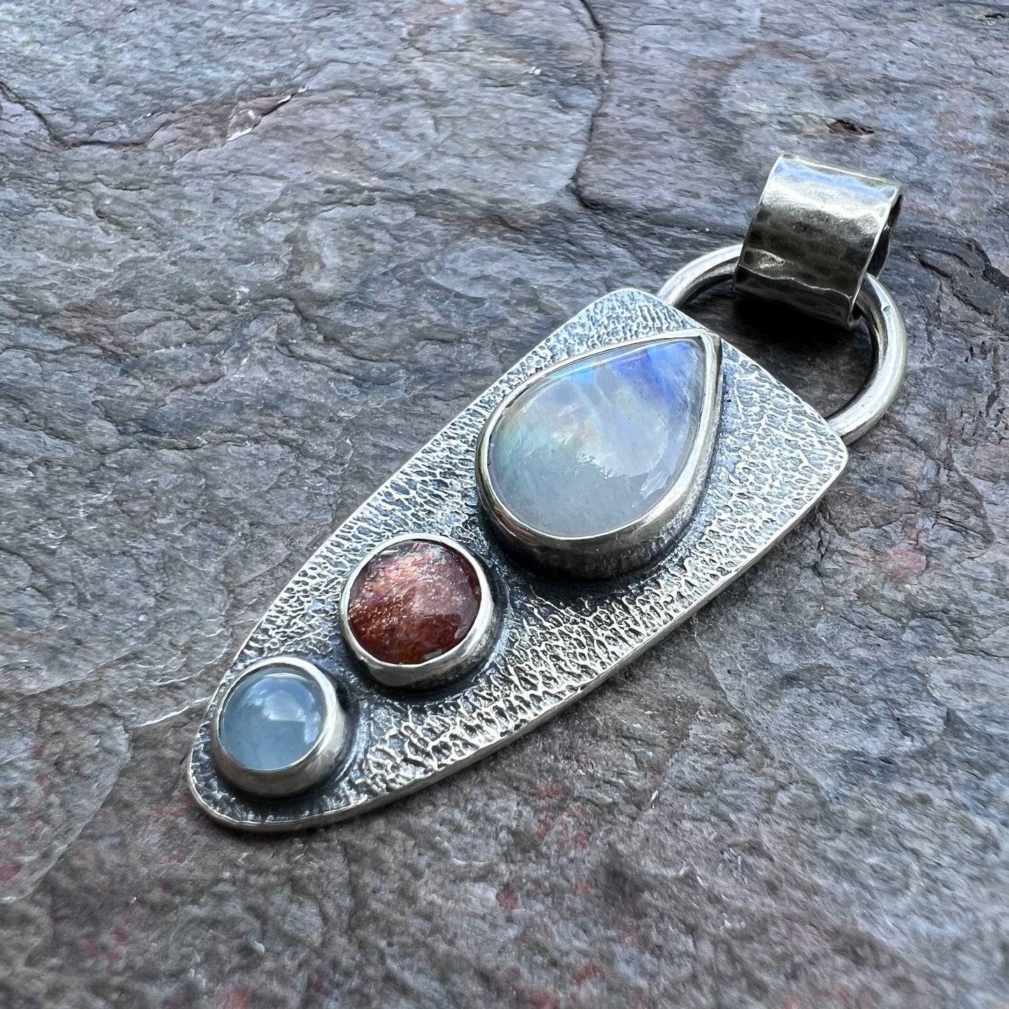 Rainbow Moonstone, Sunstone, and Aquamarine Pendant - Handmade One-of-a-kind Pendant