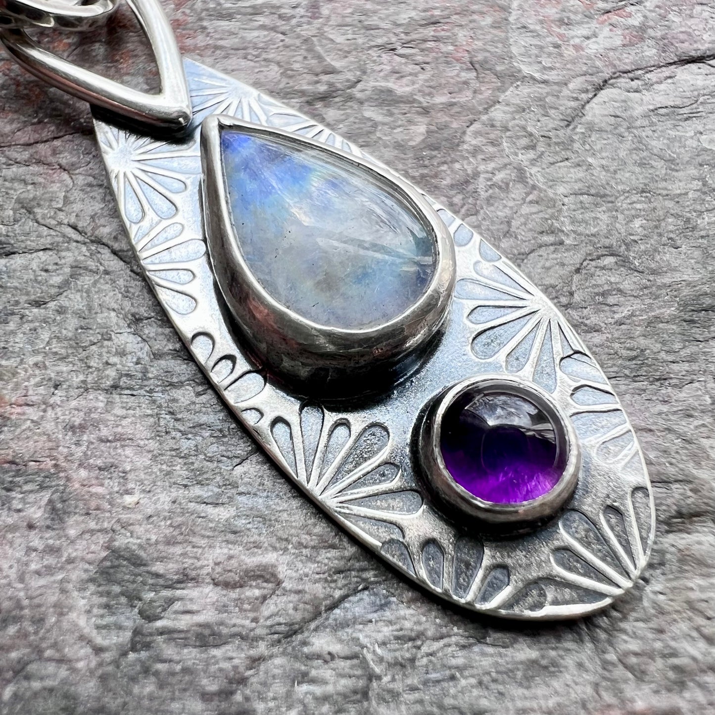 Rainbow Moonstone and Amethyst Sterling Silver Pendant - Handmade One-of-a-kind Pendant