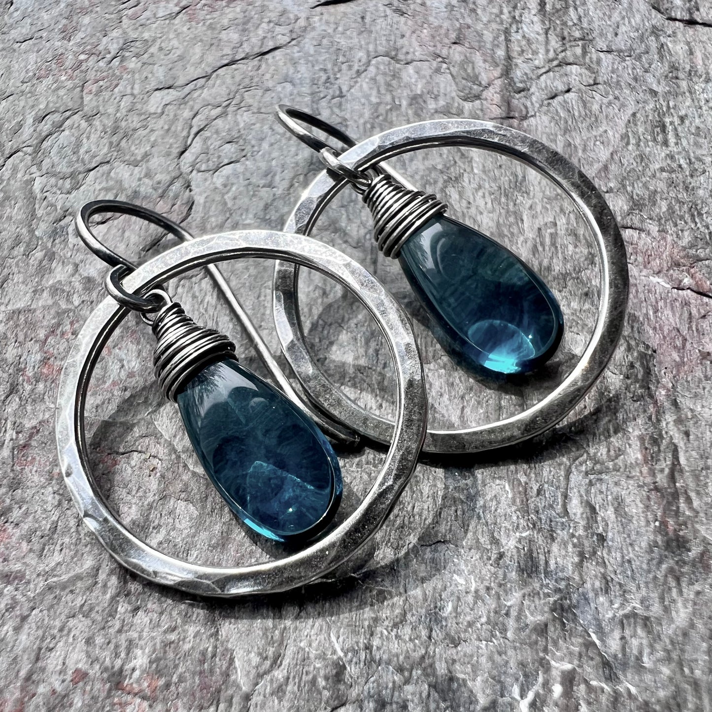 Sterling Silver and Vintage Glass Earrings - Teal Teardrops in Hammered Sterling Silver Circles