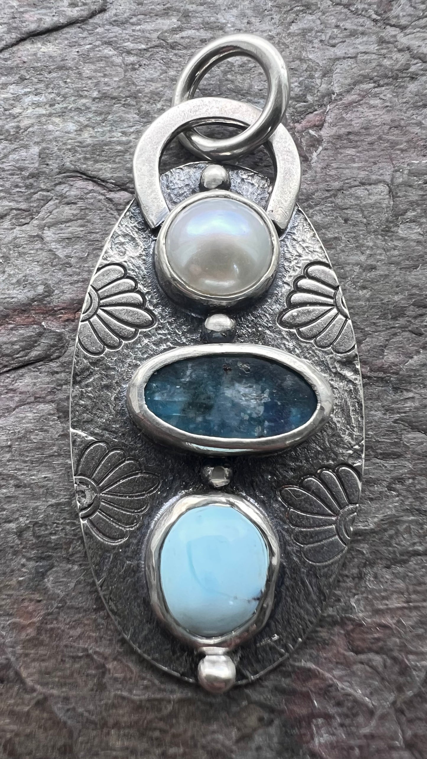 Pearl, Kyanite, and Turquoise Sterling Silver Pendant - One-of-a-Kind Handmade Pendant