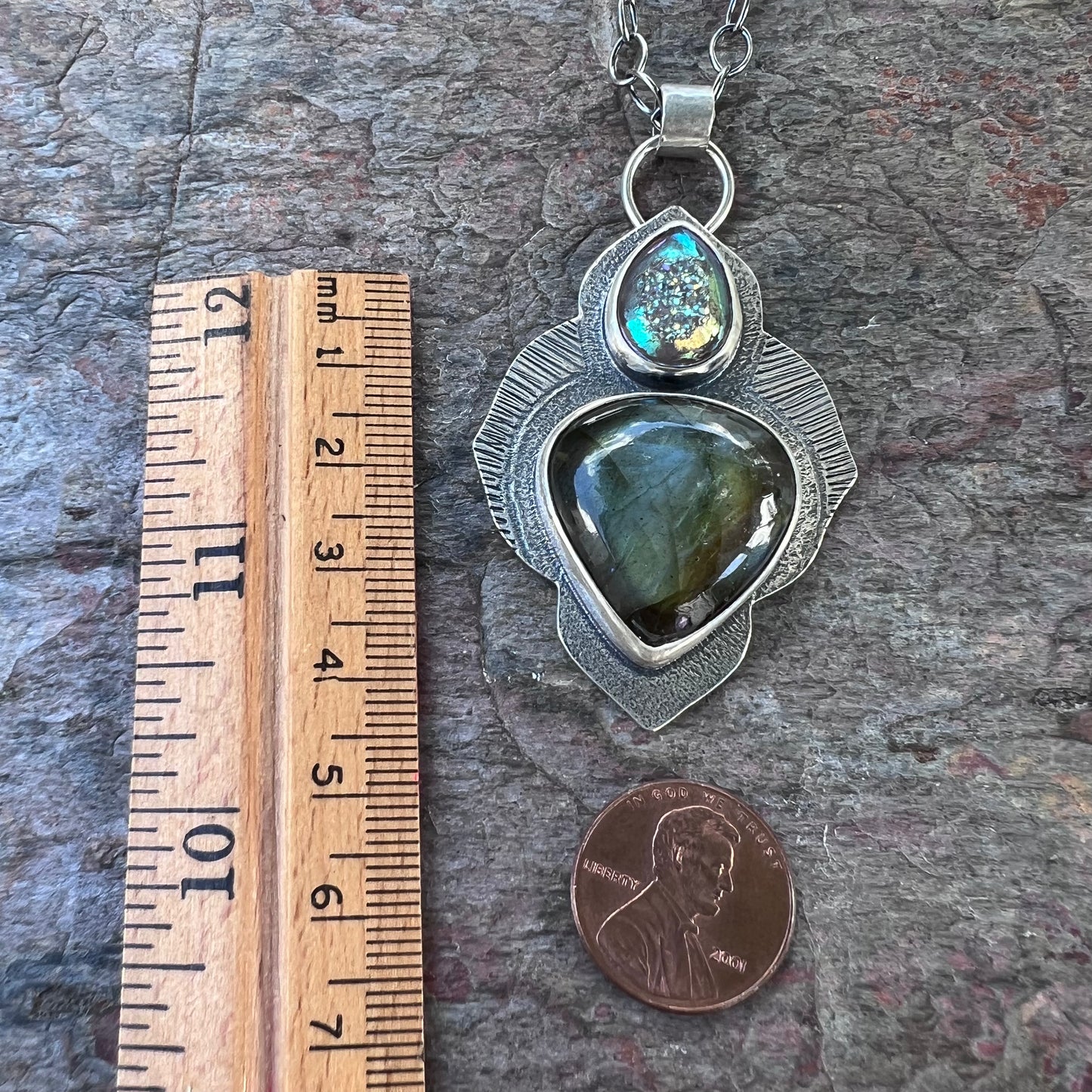 Sterling Silver Labradorite Necklace - Handmade Artisan One of a Kind Druzy and Labradorite Pendant