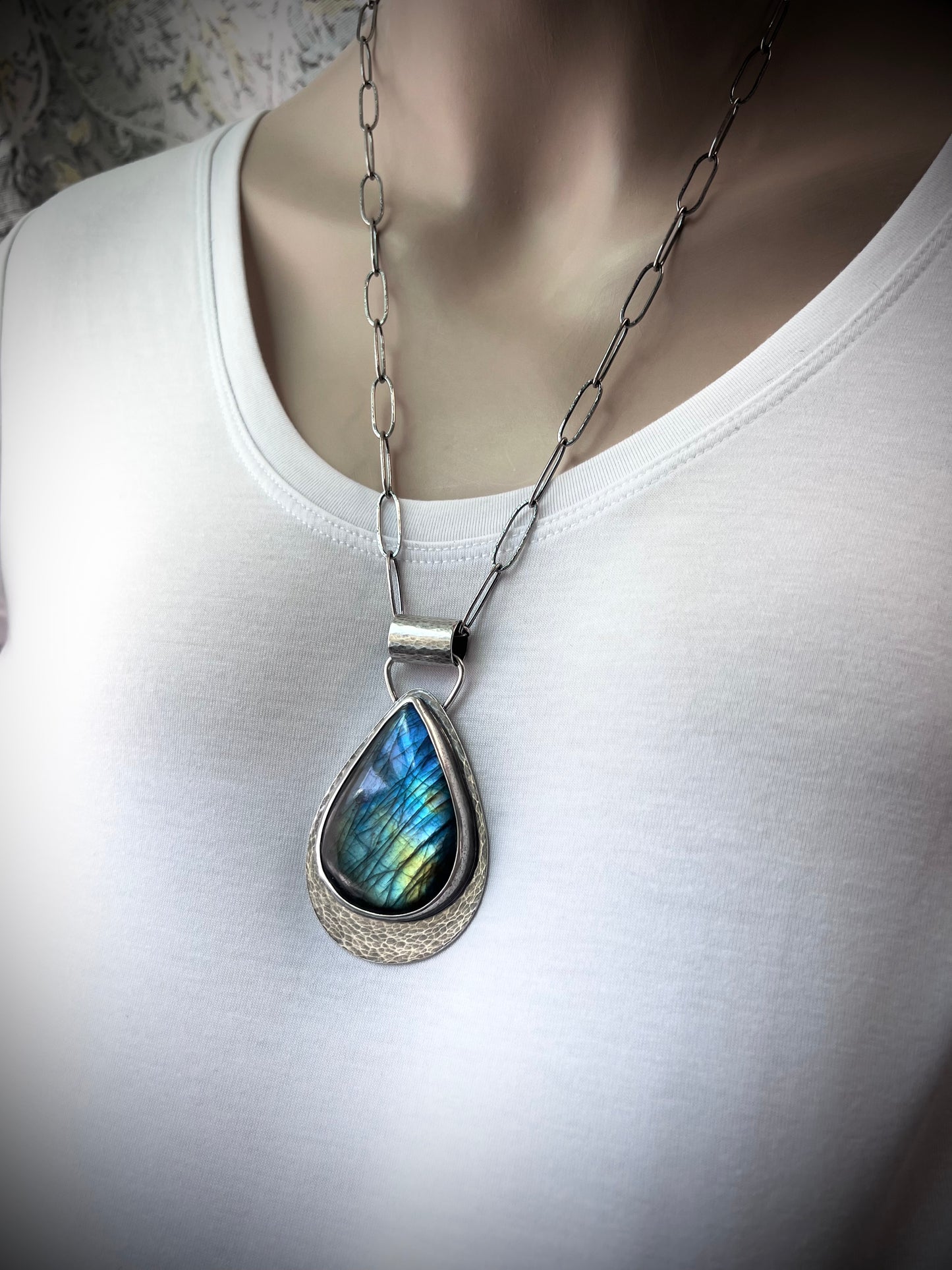 Labradorite Sterling Silver Necklace - Handmade One-of-a-kind Labradorite Teardrop Pendant on Handmade Chain
