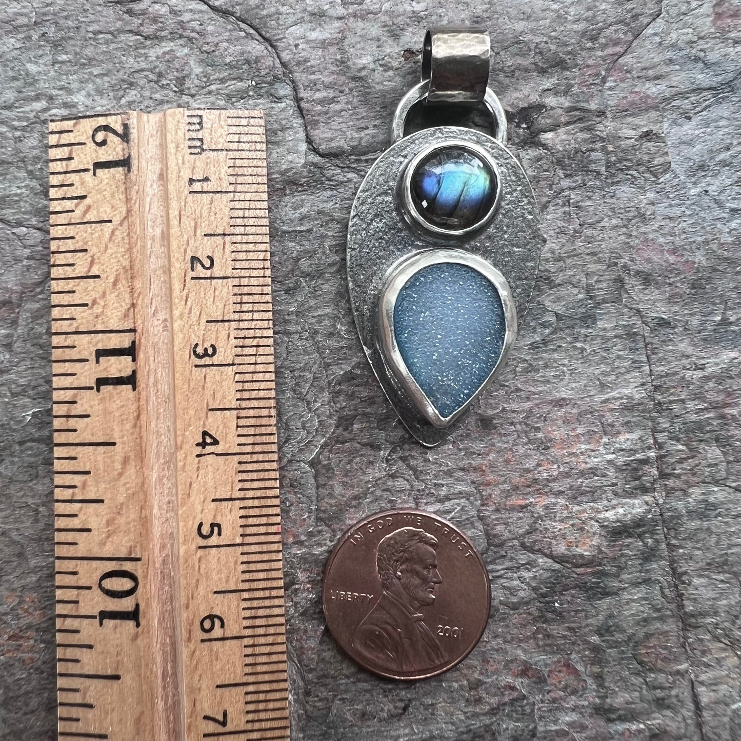 Labradorite and Agate Druzy Sterling Silver Pendant - One-of-a-Kind Handmade Pendant
