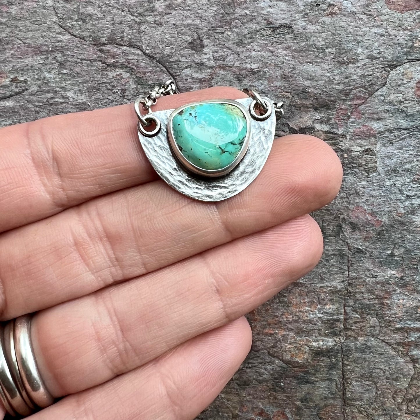 Sterling Silver Turquoise Half Moon Pendant - One-of-a-Kind Turquoise Semicircle Necklace