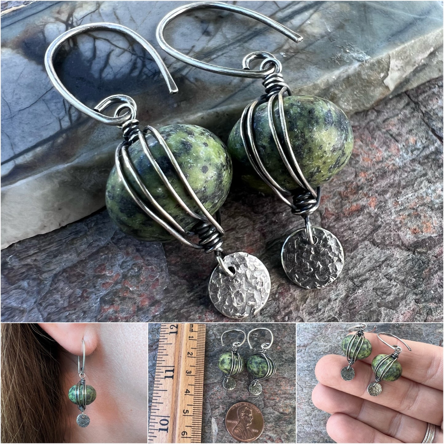 Sterling Silver Serpentine Earrings - Wire-wrapped Natural Serpentine Stones on Handmade Sterling Silver Earwires