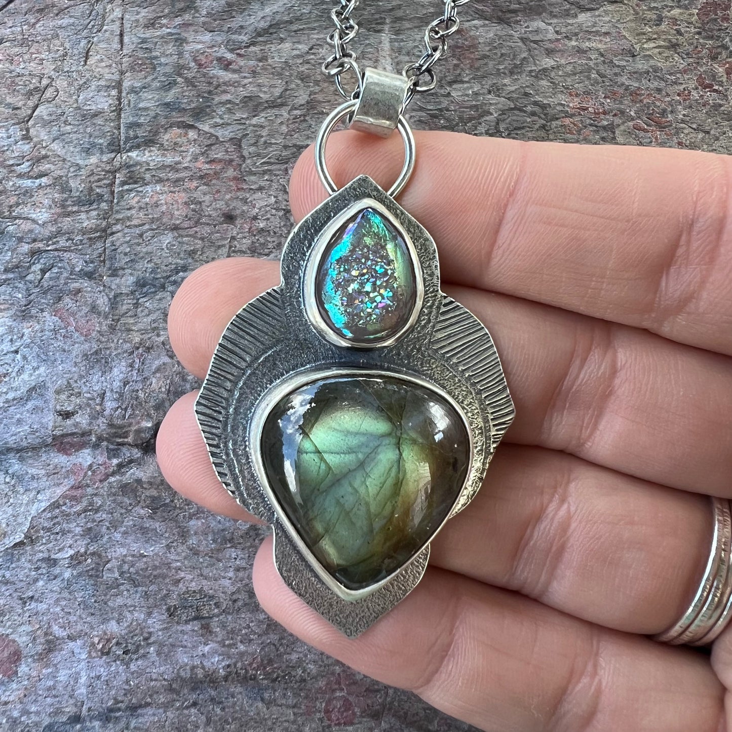 Sterling Silver Labradorite Necklace - Handmade Artisan One of a Kind Druzy and Labradorite Pendant