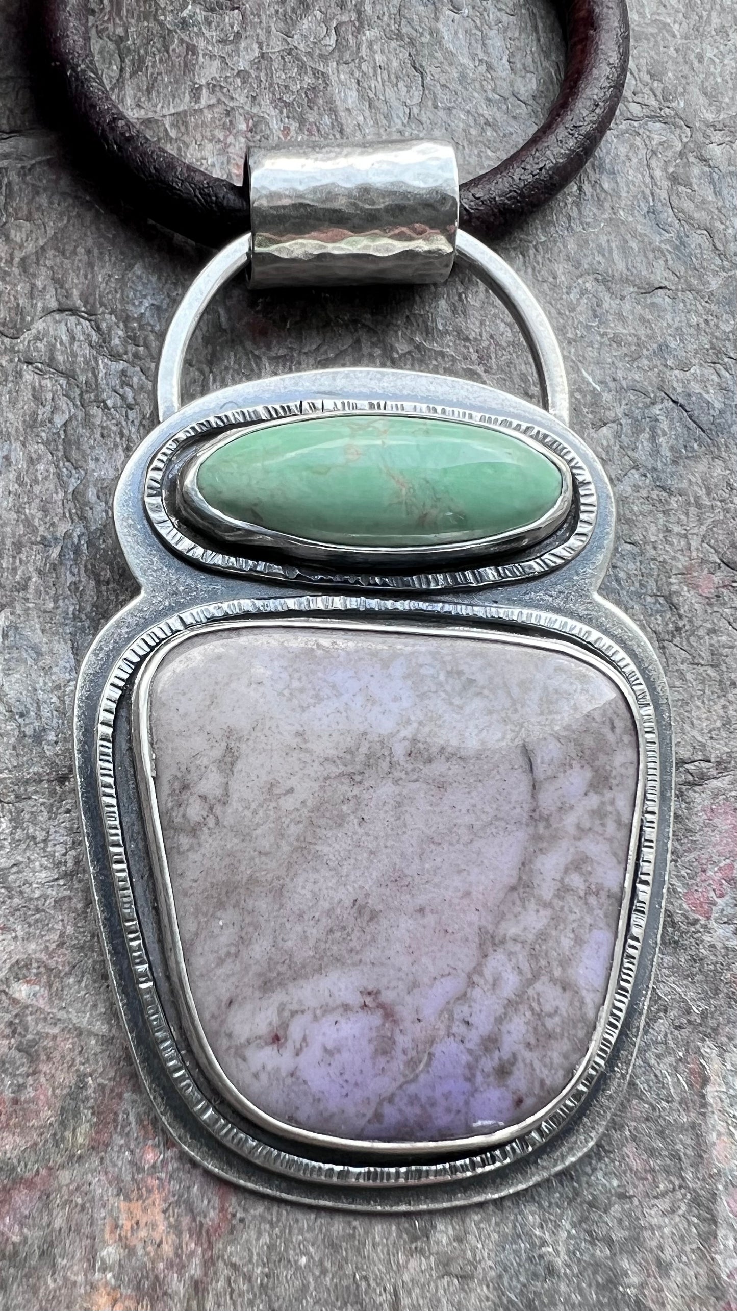 Variscite and Jade Sterling Silver Necklace - Handmade One-of-a-kind Pendant on Genuine Leather