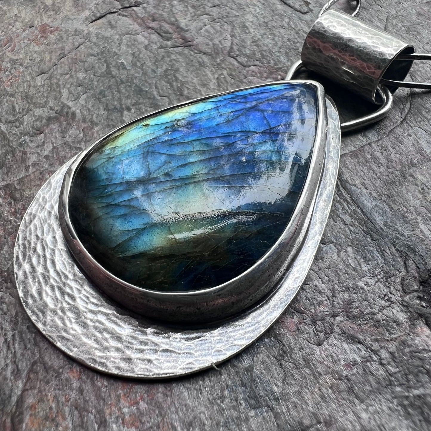 Labradorite Sterling Silver Necklace - Handmade One-of-a-kind Labradorite Teardrop Pendant on Handmade Chain