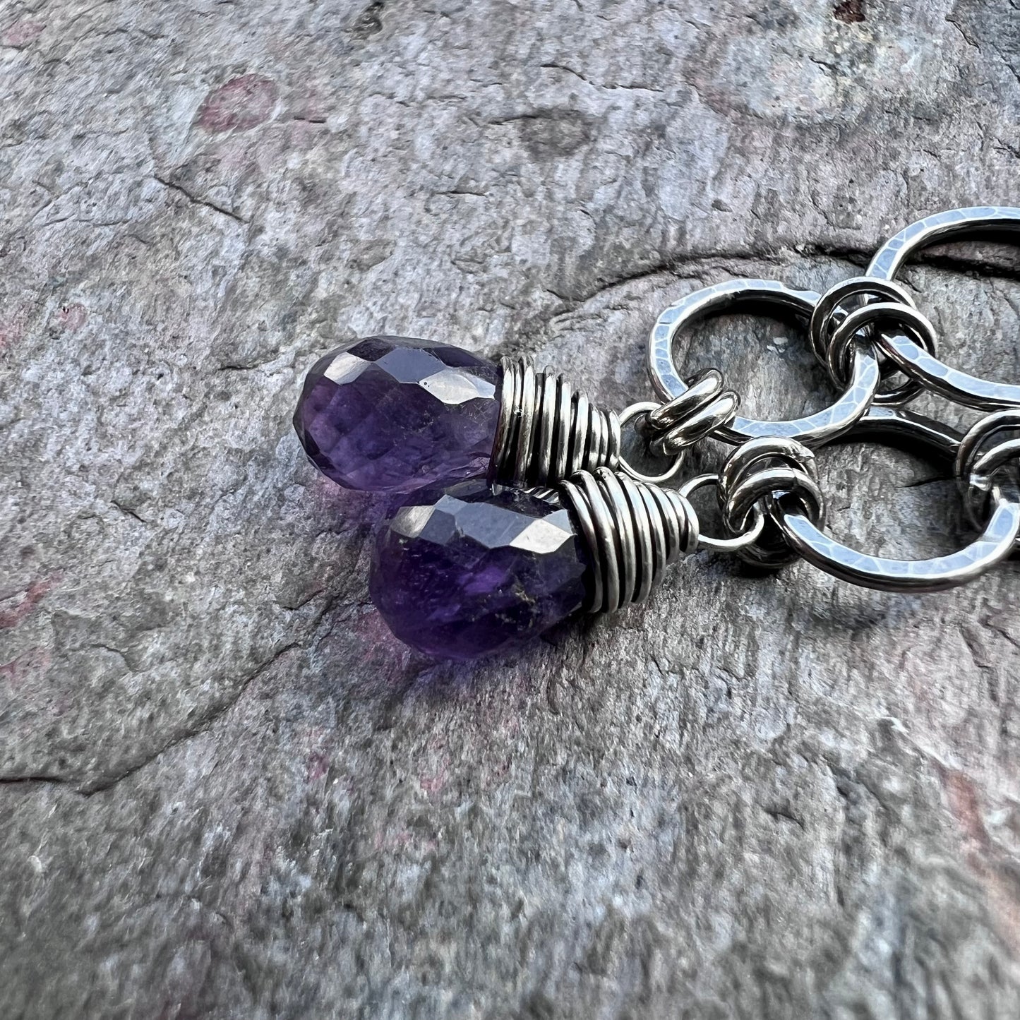 Sterling Silver Amethyst Earrings - Genuine Amethyst and Hammered Silver Long Dangle Earrings