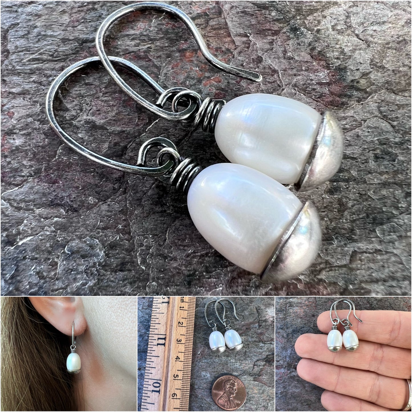 Sterling Silver Pearl Earrings - Handmade Silver Dangle Earrings with Genuine Pearls