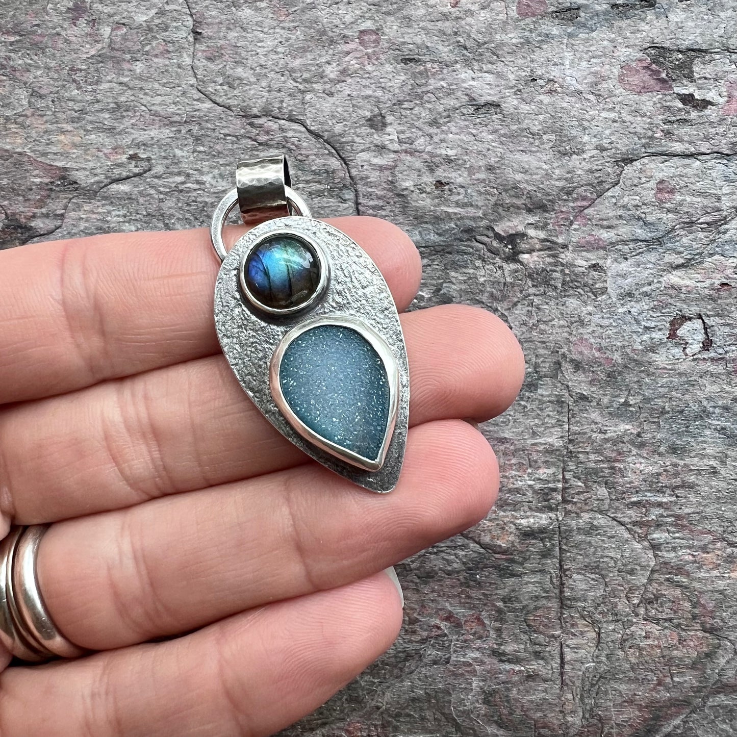 Labradorite and Agate Druzy Sterling Silver Pendant - One-of-a-Kind Handmade Pendant
