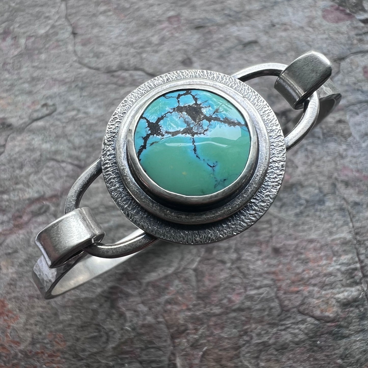 Turquoise Sterling Silver Bracelet - Handmade One-of-a-kind Tension Cuff Bracelet