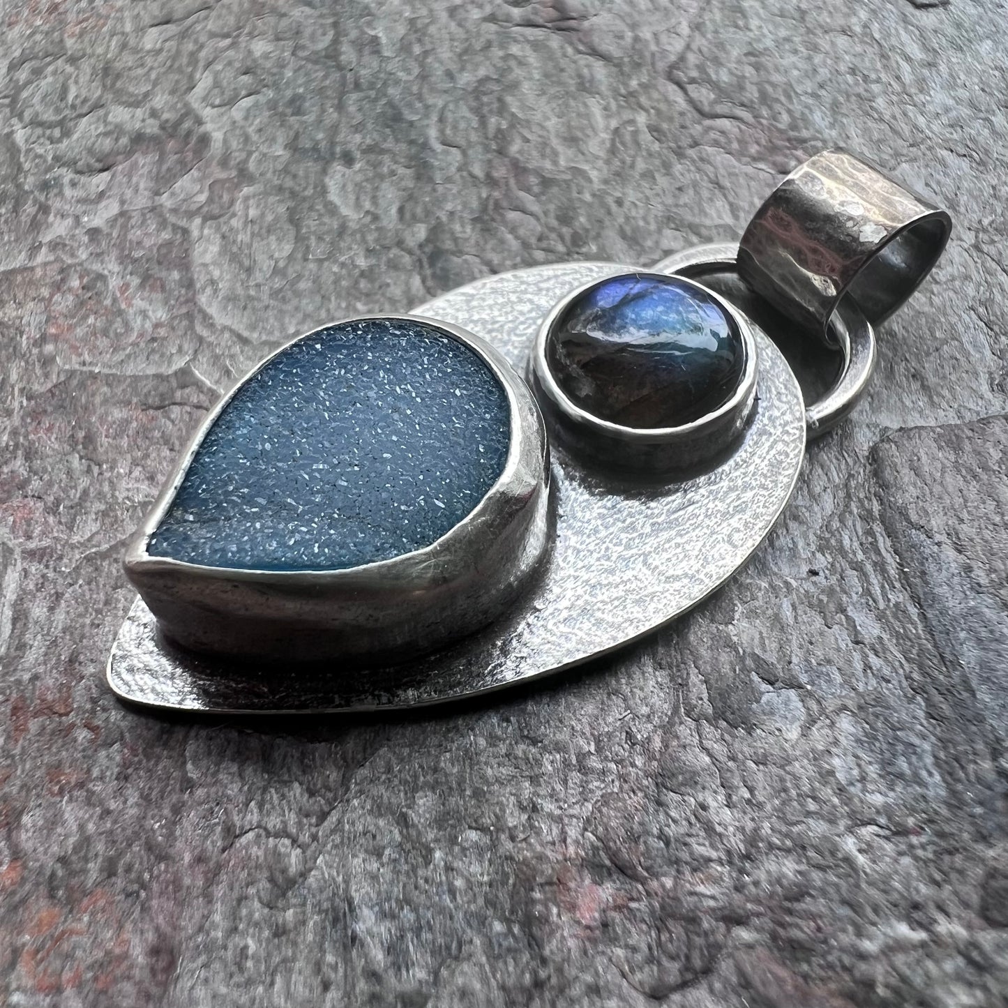 Labradorite and Agate Druzy Sterling Silver Pendant - One-of-a-Kind Handmade Pendant