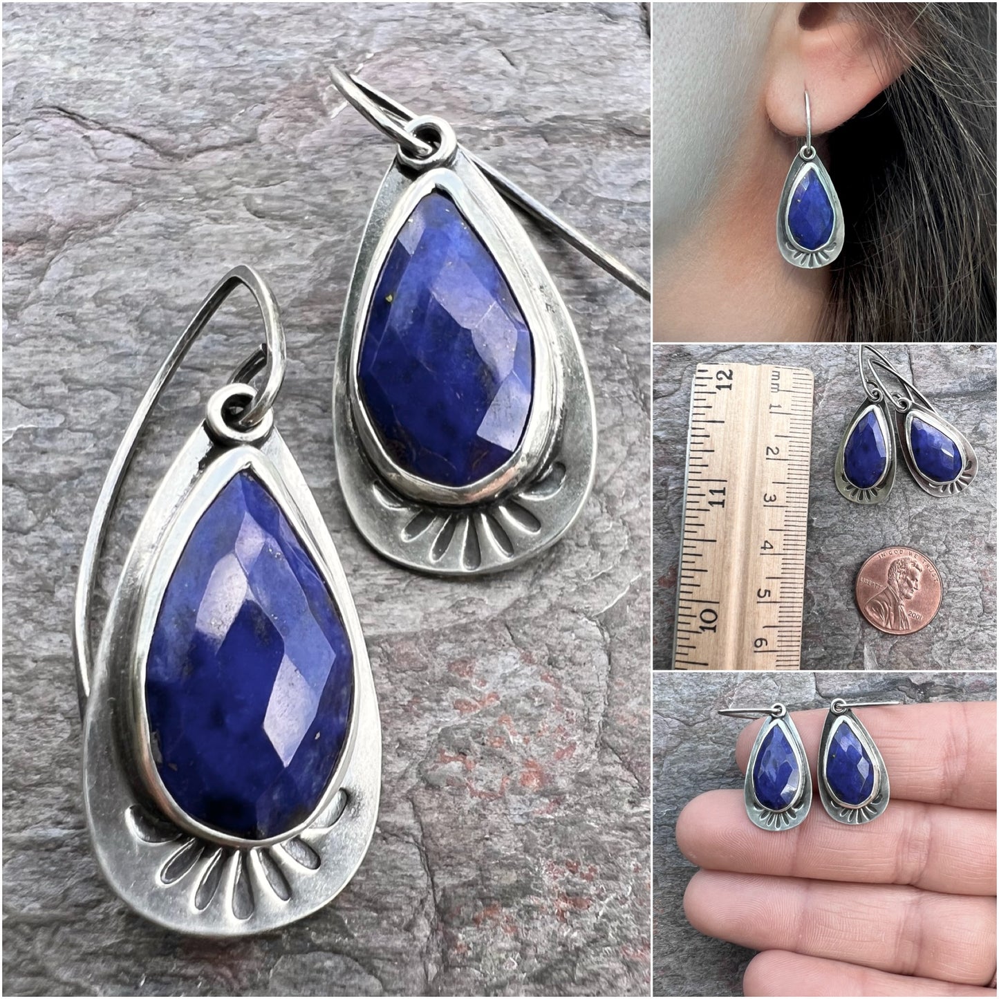 Lapis Lazuli Sterling Silver Teardrop Earrings - Handmade One-of-a-kind Earrings