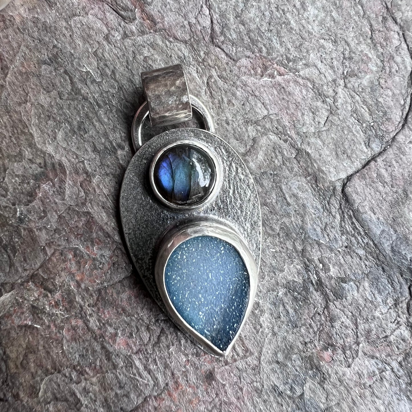 Labradorite and Agate Druzy Sterling Silver Pendant - One-of-a-Kind Handmade Pendant