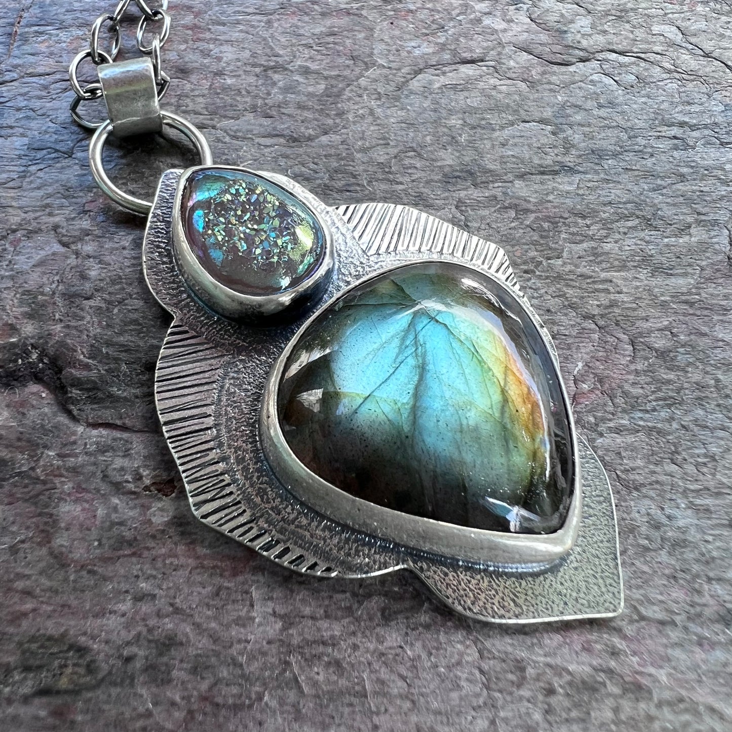 Sterling Silver Labradorite Necklace - Handmade Artisan One of a Kind Druzy and Labradorite Pendant